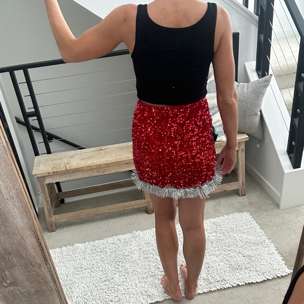 Love on a Hanger Red Sequin Christmas Mini Skirt Holiday Festive Trim | Size S - Picture 7 of 12
